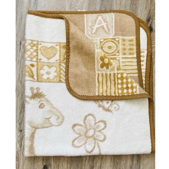 Dytex Other - Vtg Plush Baby Blanket Giraffe ABC Neutral Tan Natural Thick Soft Trim Butterfly